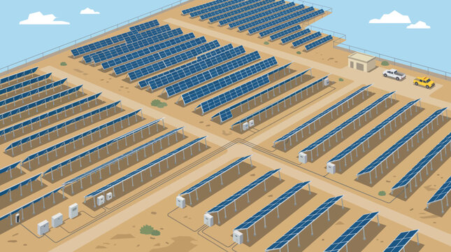 Solar power plant generating clean electricity from sunlight, an isometric vector illustration of renewable energy technology.