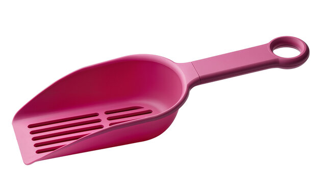 Pink plastic litter scoop with slotted head and hanging hole