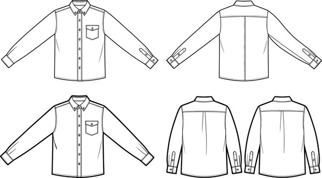 Casual long sleeve oxford shirt fashion flat technical drawing sketch template collection front and back view outline vector illustration