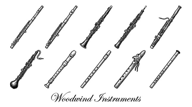 Set of Vintage Woodwind Musical Instruments Engraving Style Vector Illustration - Flute, Clarinet, Oboe, Bassoon, Recorder, Piccolo, English Horn