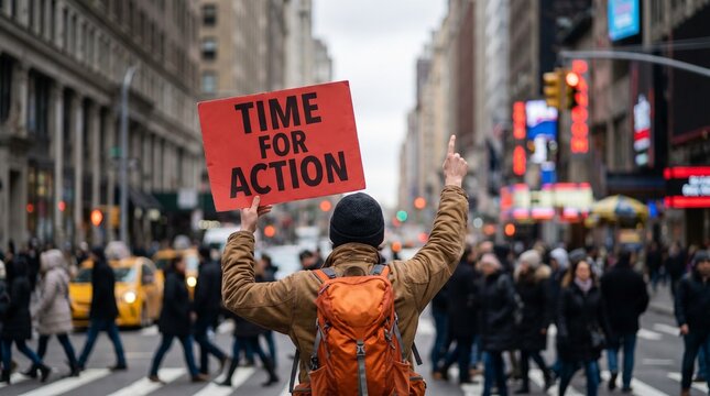 Person holding protest sign with raised hands in a busy city street during daytime, realistic photo with blurred background, activism and social movement concept, urban atmosphere.