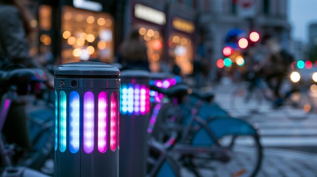 Focused view of vibrant bikeshare station lights contrasting with the outoffocus movement of evening riders and reflective city storefront windows under twilight