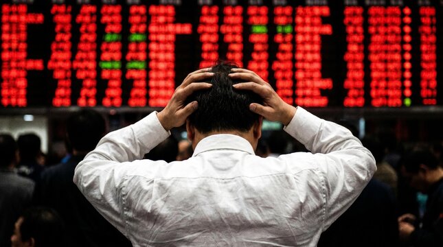 A stressed businessman with hands on head standing in front of a large stock market ticker board displaying falling stock prices in a crowded trading floor with anxious people