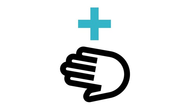 A cyan plus sign hovers above an open hand, symbolizing healthcare assistance, medical support, and the crucial aid provided in the healthcare sector