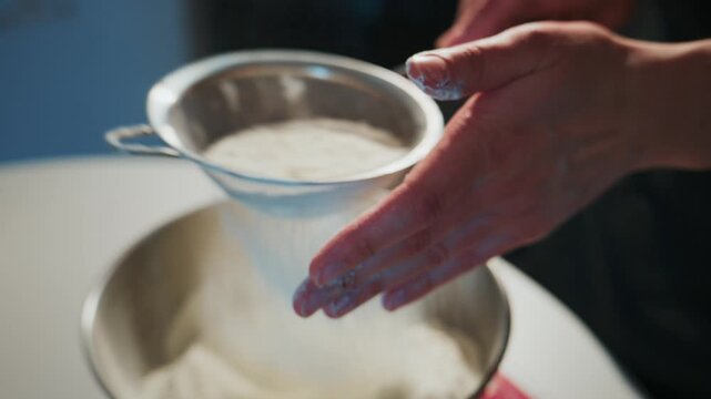 Close-up of hands sifting flour into a mixing bowl. Hands gently guide flour downward, showing care. Flour falls softly, creating a fine dust effect. Ideal for baking, cooking. Suitable for recipes