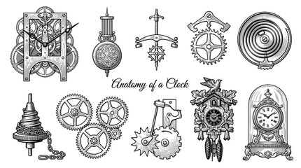 Obraz premium Anatomy of a Clock Vintage Vector Illustration Set Featuring Antique Mechanical Gears Pendulum Cuckoo Clock Mantel Clock and Watchmaker Escapement Parts in Engraved Style