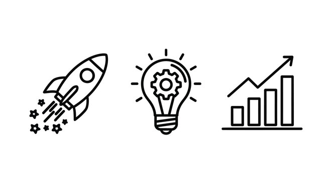 startup icons set line art rocket launch