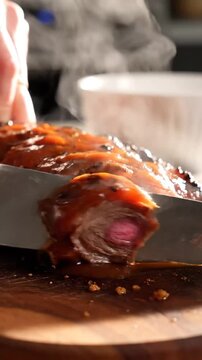 Sizzling Meat Roast Being Carved and Served Freshly with Juicy Flavors and Aromatic Smoke Highlighting Culinary Art