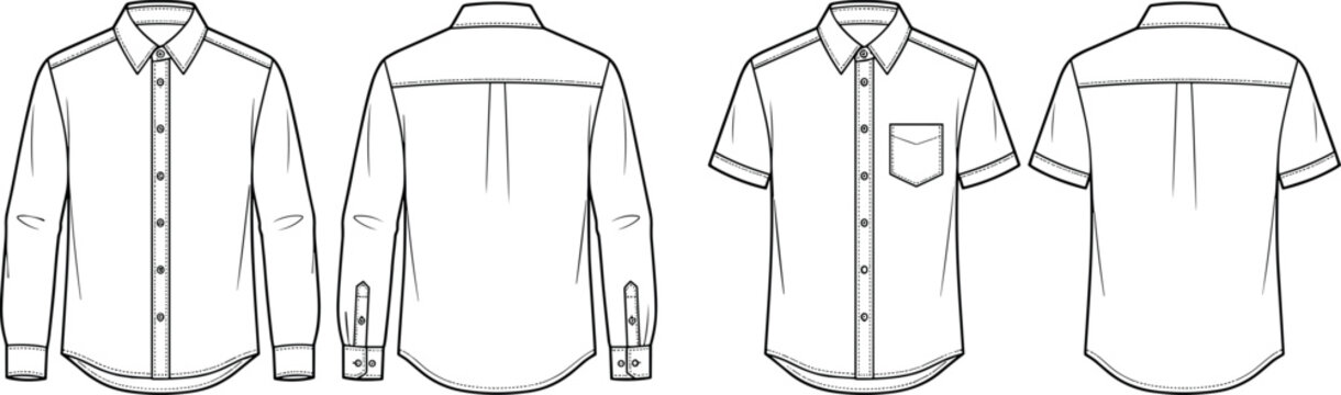 Men long sleeve and short sleeve button up shirt technical sketch template front and back view vector outline illustration