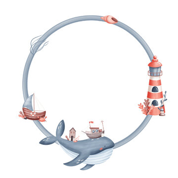 Wreath of whale, ship, lighthouse. Watercolor illustration on sea theme for design of greeting card, poster for children, dishes, clothes, templatesates, sketch sea isolated background for design card