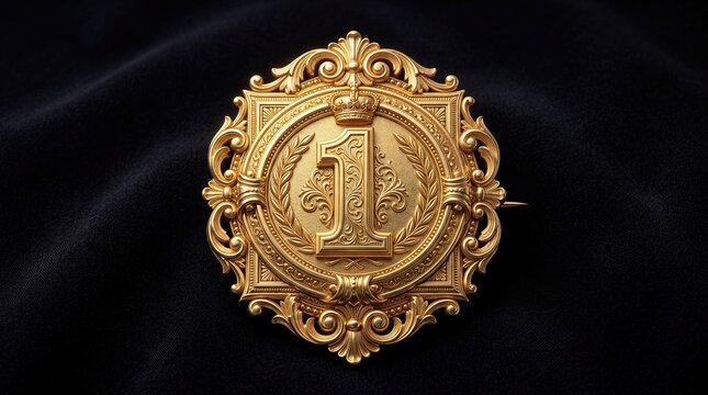 Luxury gold winner badge with number one emblem on black background