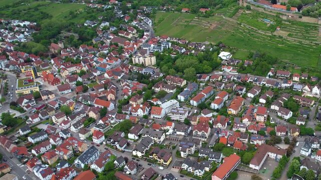 Aerial view around the old town of the city Asperg, in Germany on a sunny spring noon.