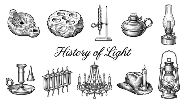 History of Light Vector Illustration Set Featuring Antique Oil Lamps, Candles, Kerosene Lanterns, and Vintage Chandeliers in Engraving Style