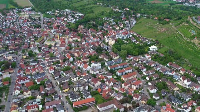 Aerial view around the old town of the city Asperg, in Germany on a sunny spring noon.