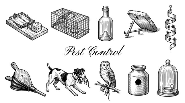 Vintage Pest Control Illustration Set with Various Traps and Animals, Hand Drawn Engraving Style Vector Graphics