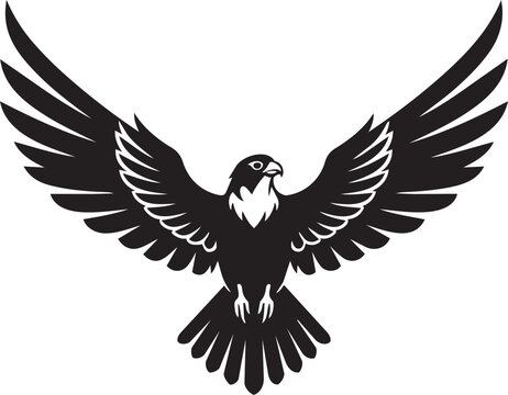 Majestic flying eagle vector illustration with open wings, isolated black and white hawk or falcon mascot logo