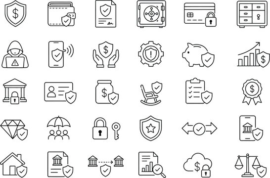 Security and Protection Concepts with Home Insurance and Safe Data Storage Vector Icons