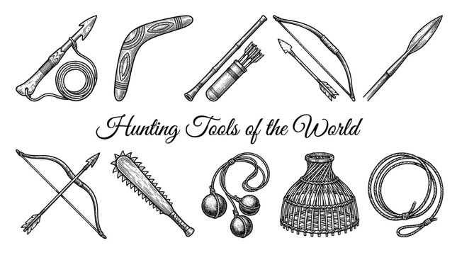 Set of Vintage Hand Drawn Traditional Hunting Tools and Ancient Weapons from Different Cultures Around the World Vector Illustration