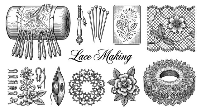 Vintage Bobbin Lace Making Tools and Floral Patterns Vector Collection