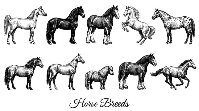 Vintage Hand-Drawn Vector Set of Popular Horse Breeds Including Arabian, Friesian, Mustang, and Thoroughbred in Etching Style
