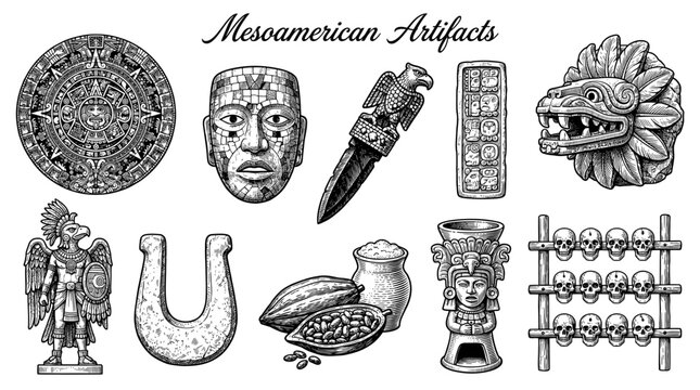 Set of Mesoamerican Artifacts Vector Illustration Including Aztec Calendar Mask Quetzalcoatl Eagle Warrior and Mayan Symbols