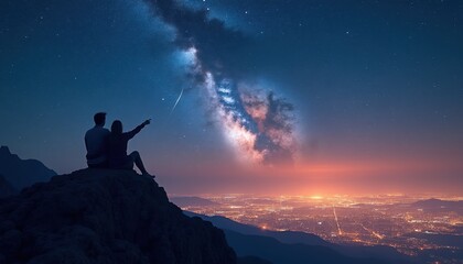 Fototapeta premium Couple watches shooting star and milky way from mountain peak over city lights at dusk. Couple points at sky, romantic moment, distant urban sprawl glowing under night sky.