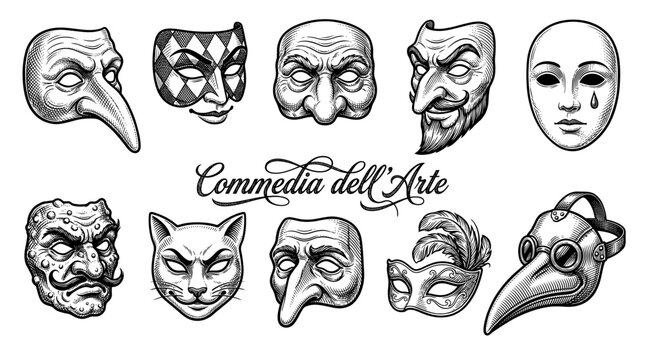 Collection of Hand Drawn Commedia dell'Arte Italian Theater Mask Illustrations in Engraving Style Featuring Harlequin, Pierrot, and Plague Doctor