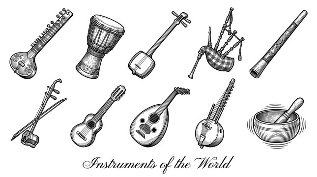 Set of Hand-Drawn Traditional Musical Instruments of the World Vector Illustration including Sitar, Djembe, Bagpipes, and Oud in Vintage Engraving Style