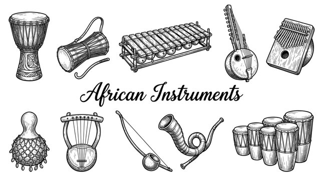 Traditional African Musical Instruments Set Vector Illustration - Hand Drawn Engraving Style Sketch of Djembe Kalimba Kora Balafon and Percussion