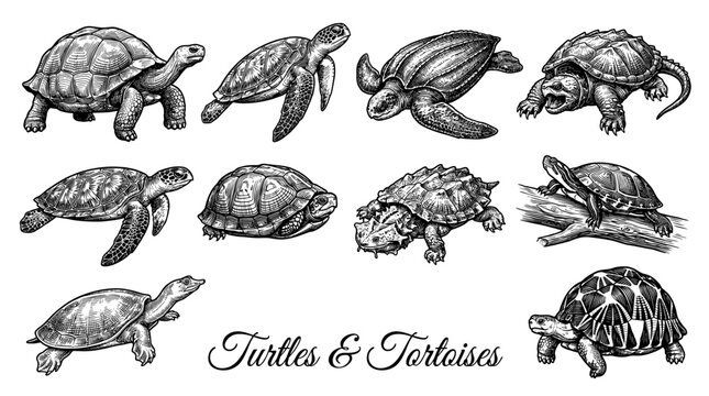 Vintage Collection of Turtles and Tortoises Illustrations, Detailed Hand-Drawn Engraving Style Sea Turtle, Snapping Turtle, Giant Tortoise, Reptile Vector Art Isolated on White Background