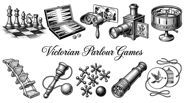 Vintage Victorian Parlour Games and Optical Toys Collection Engraving Illustration