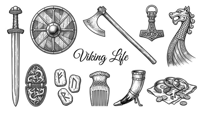 Hand Drawn Viking Life Artifacts Collection Featuring Sword Shield Axe Runes and Mjolnir Hammer Vector Engraving Illustration of Ancient Nordic Culture and History