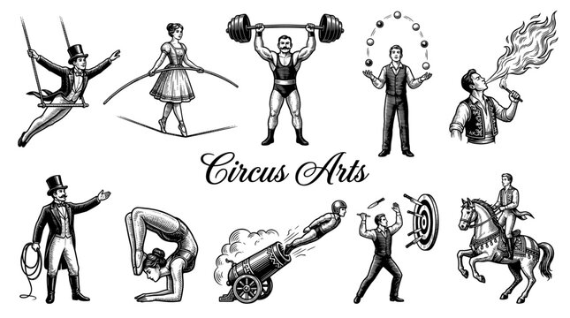 Vintage Circus Arts Illustration Collection Featuring Strongman Juggler Fire Breather Trapeze Artist Ringmaster Contortionist and Human Cannonball Performers in Engraved Style