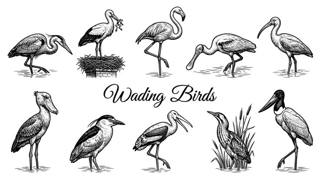 Vintage Wading Birds Collection, Hand Drawn Engraving Style Set of Heron, Flamingo, Stork, Ibis, Spoonbill, Shoebill, Bittern and Jabiru, Vector Illustration