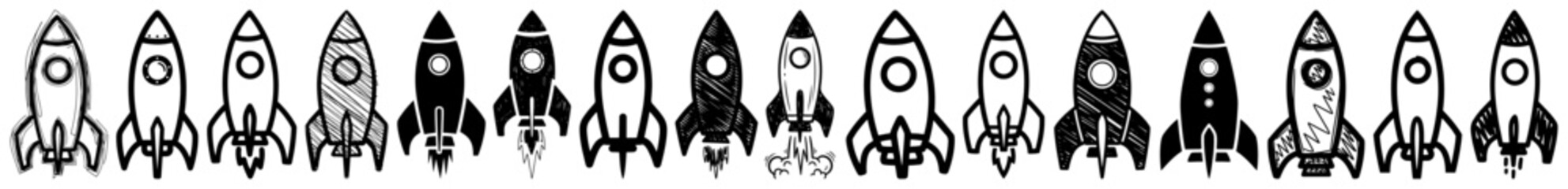 Rocket ship icons set for startup and launch concept vector, variety of spacecraft silhouettes for business progress and space exploration © Luka
