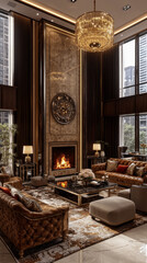Naklejka premium Luxurious Modern High-Rise Living Room Featuring Grand Fireplace, Tufted Leather Sofas, Elegant Gold Chandelier, and Floor-to-Ceiling Windows with Sophisticated Interior Design