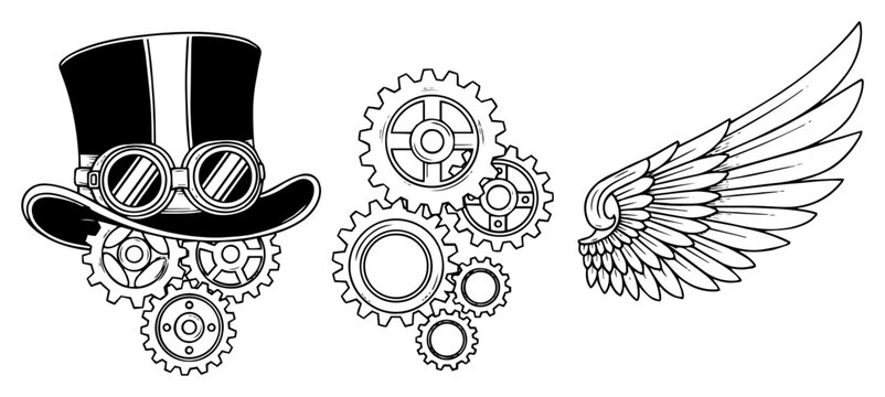 Steampunk set with top hat goggles gears and wing vector illustration, retro futuristic industrial fantasy elements for costume and clockwork design