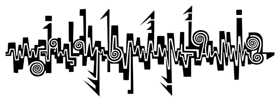 Abstract sound wave and frequency signal vector illustration, stylized heartbeat rhythm with spiral elements for music and audio design