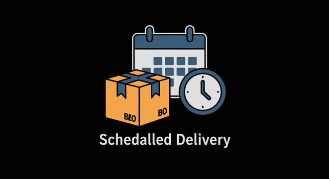 Scheduled delivery concept icon with package, calendar, and clock