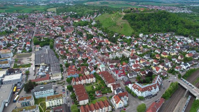 Aerial view around the old town of the city Asperg, in Germany on a sunny spring noon.