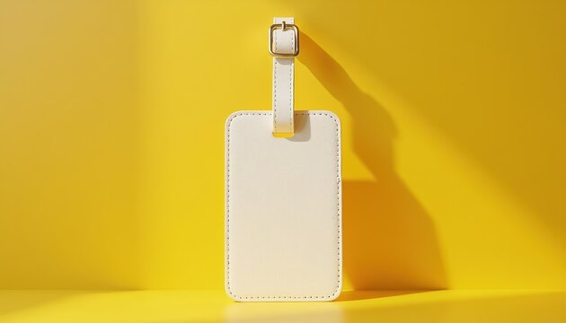 Blank white luggage tag hangs against bright yellow wall. Leather accessory with gold buckle awaits your custom imprint. Ideal for travel branding or personalization.