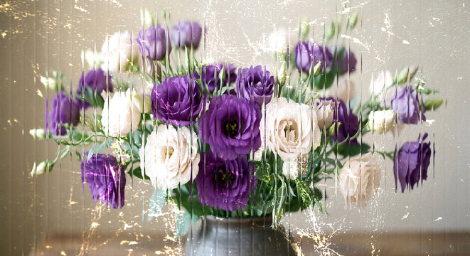 Purple white rose flower vase ribbed glass distortion texture. Golden sparks bokeh, fluted blur, elegant romantic festive magic. Background for wedding invitation. Photography backdrop.