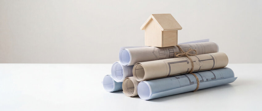 Rolled architectural blueprints and house floor plans tied with twine