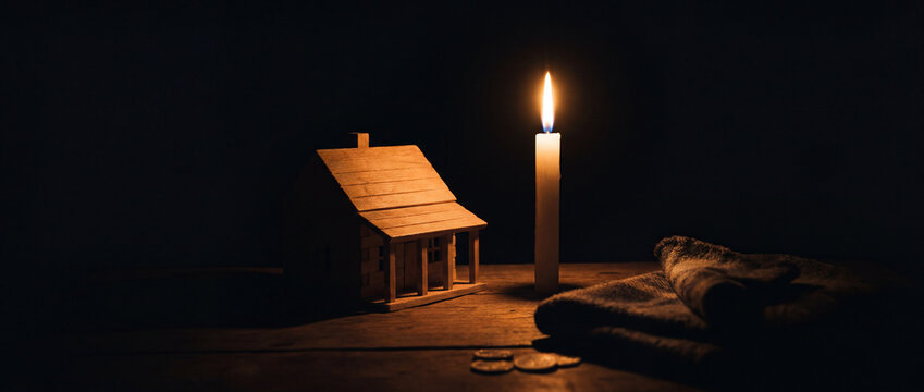 White candle burning beside miniature house model in complete darkness