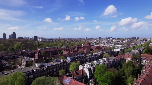 Ascending aerial of residential neighbourhood Watergraafsmeer in Amsterdam, The Netherlands. Dutch housing market real estate investment