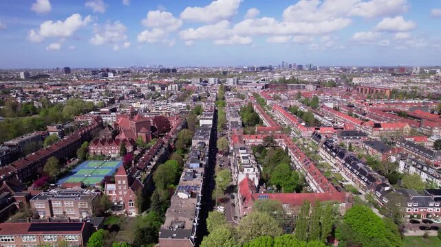 Aerial of residential neighbourhood Watergraafsmeer in Amsterdam, The Netherlands. Dutch housing market real estate investment