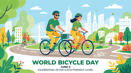 People riding bicycles in urban park setting celebrating world bicycle day banner vector illustration © Monjurul