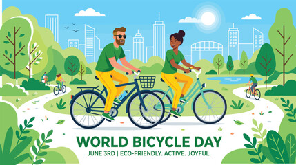 Naklejka premium World bicycle day banner with group of happy people cycling in green city park vector illustration