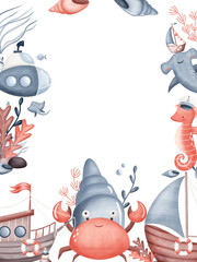 Frame crab, sea ​​horse, submarine, shells and  boat. Watercolor illustration animal in nautical children's style, hand-drawn templates, sketch sea isolated background for design cards holiday © Evgeniia