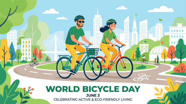 People riding bicycles in urban park setting celebrating world bicycle day banner vector illustration